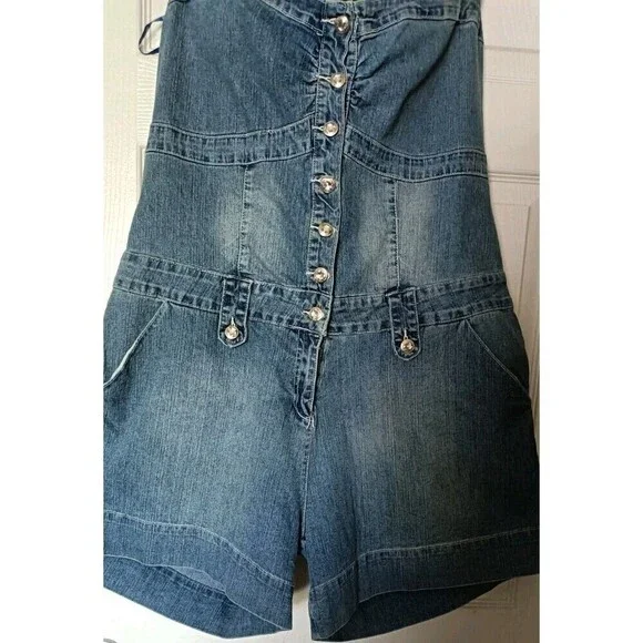 Americana Blues Denim Halter Overalls Shorts Size 20 Jean Romper Jumpsuit New - Picture 5 of 8